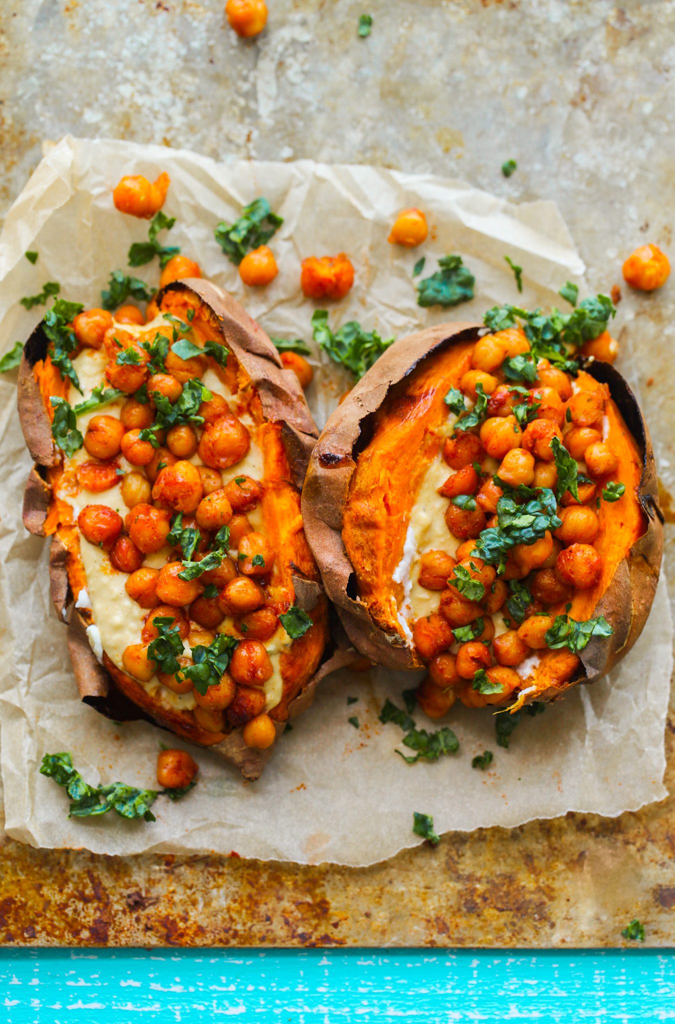 Stuffed sweet potatoes with spiced chickpeas